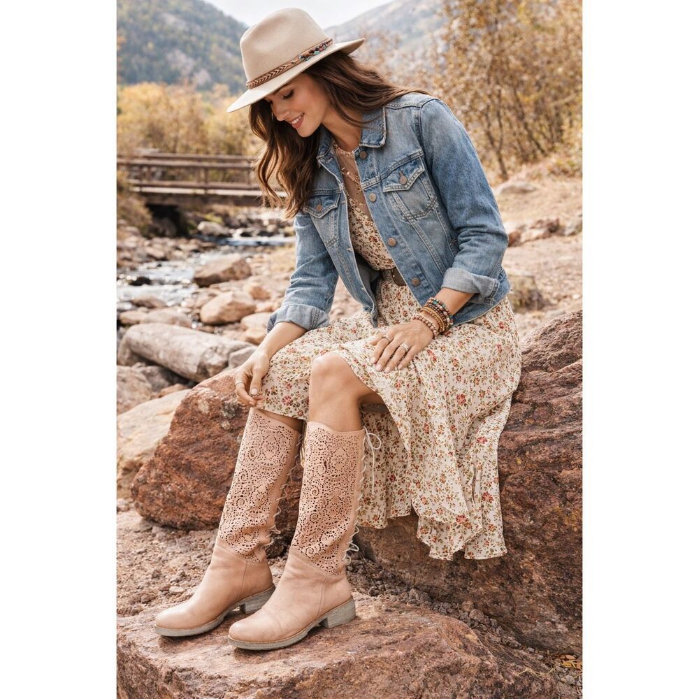 Sundance Lucera Lace Up Laser Cut Knee-High Boots in Nude/Blush Size 39 US 8.5-9